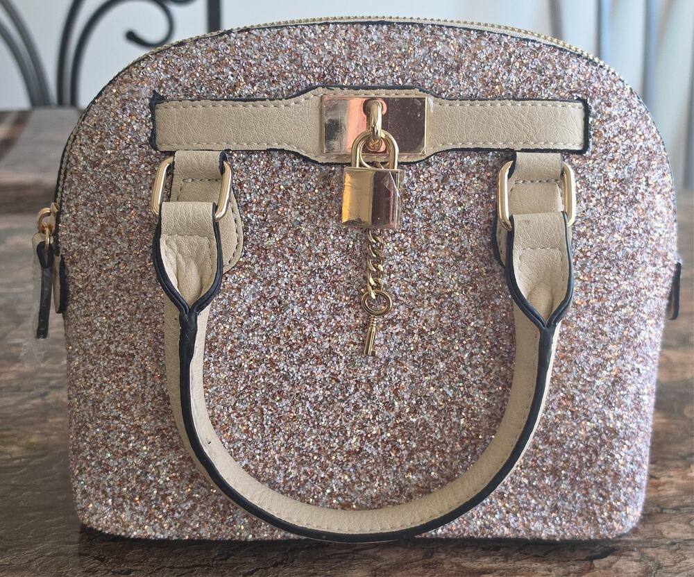 ALDO Barland Champagne Glitter Dome Satchel Crossbody Bag Lock Key